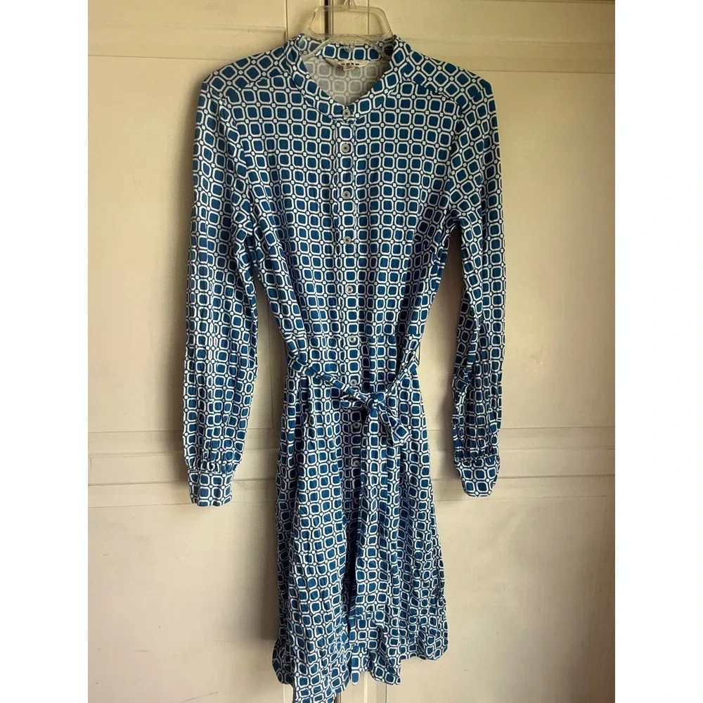 Boden Blue‎ White Julia Geometric Print Shirt Dress Long Sleeve US 4R